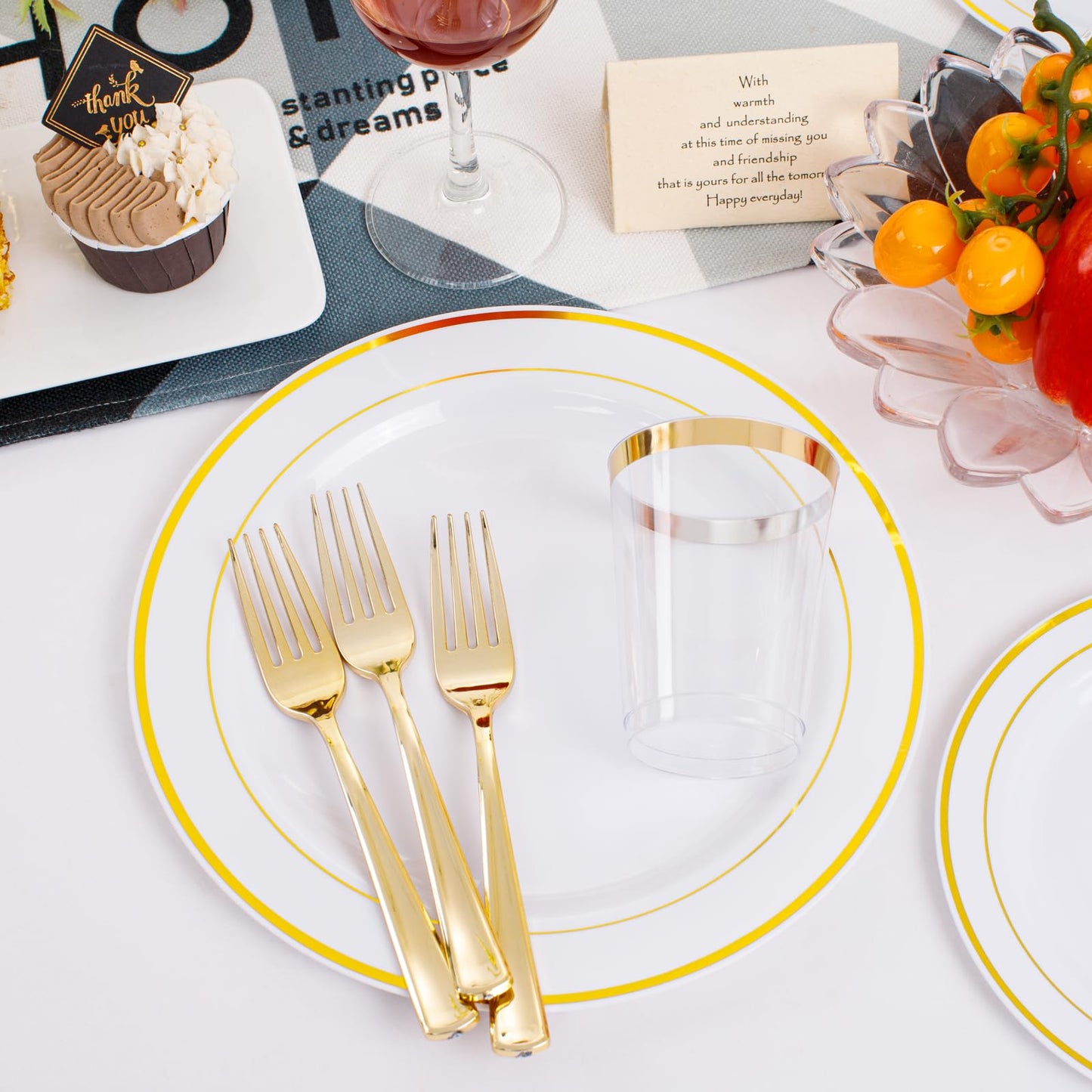 350 Pieces White and Gold Plastic Plates - 50 Guest Dinnerware Set Include 100 Plates, 50 Gold Plastic Silverware, 50 Paper Napkins and 50 Cups for Thanksgiving Party,Wedding