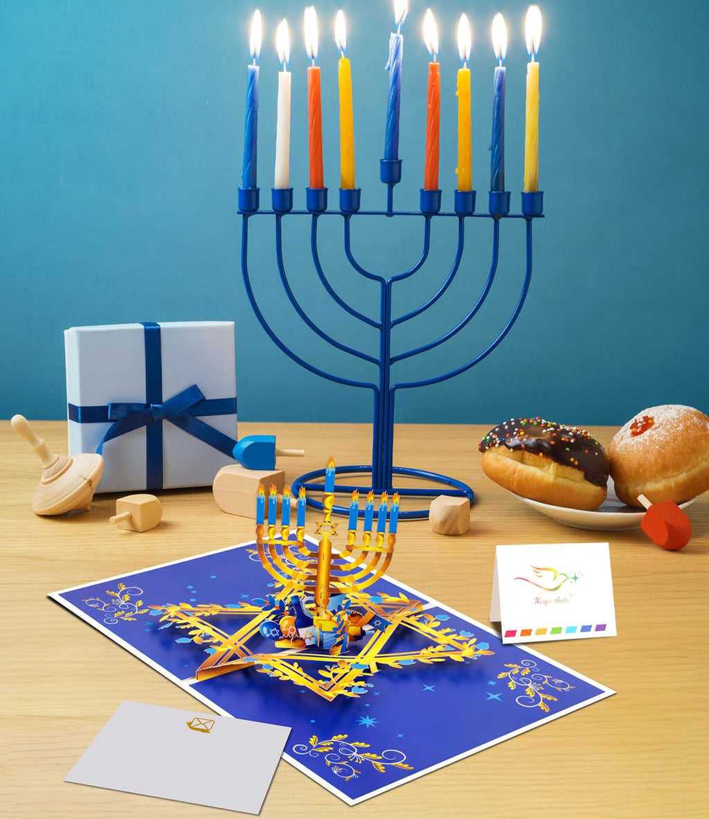 3D Pop Up Hanukkah Greeting Card – Festival of Lights with Candles, Dreidels and Traditional Hanukkah Symbols – Jewish Holiday Card for Family, Friends & Loved Ones, Includes Envelope and Blank Note