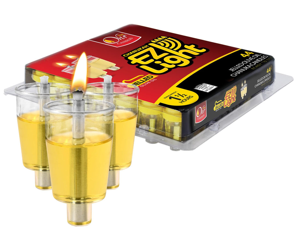 OHR CANDLES E-Z Light 44 Jelled Olive Oil Chanukah Candles Jelled Prefilled Olive Oil -1.5 Hour Burntime