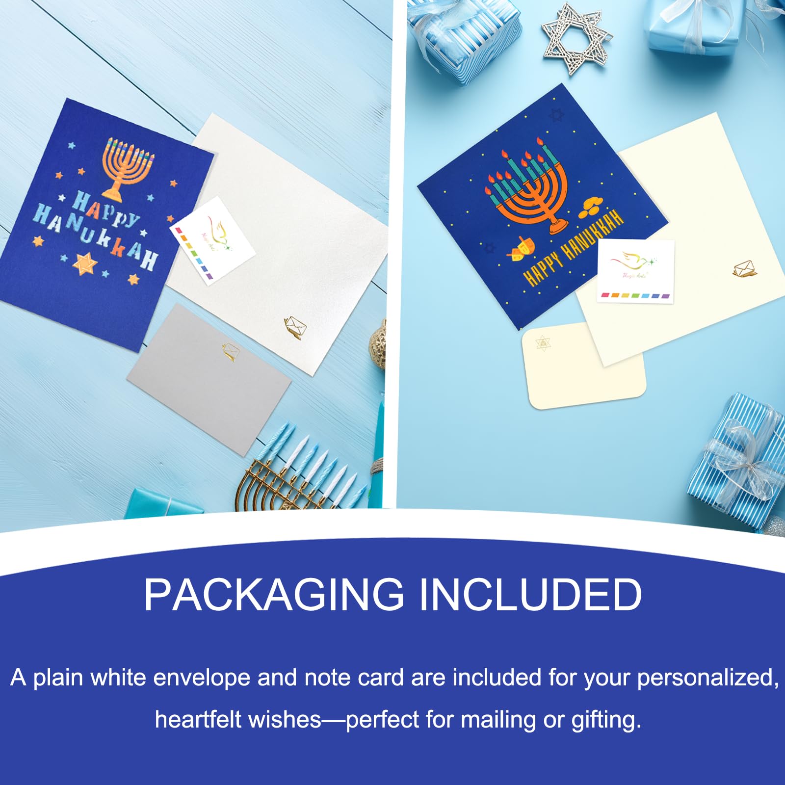 Magic Ants Happy Hanukkah 3D Pop Up Cards Pack – Menorah & “Happy Hanukkah” Designs, Festival of Lights Chanukah Greeting Cards with Candles, Dreidel, Star of David, Includes Envelope and Blank Notes