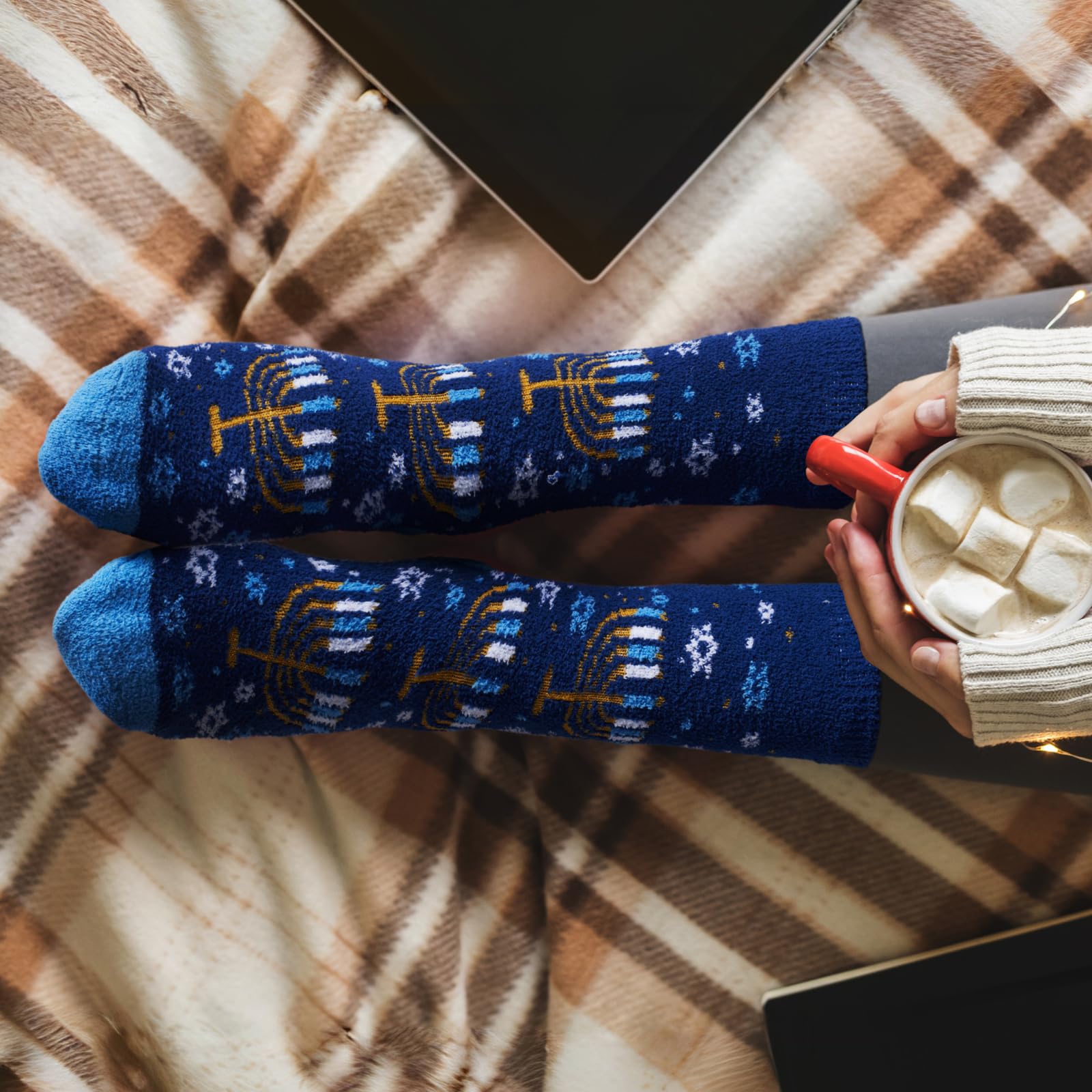 Menorah Hanukkah Fuzzy Socks - Cozy Winter Holiday Crew Socks Unisex Size 10-13 - Soft Festive Blue Menorah Design with Snowflakes - Perfect Warm Gift for Chanukah Celebration