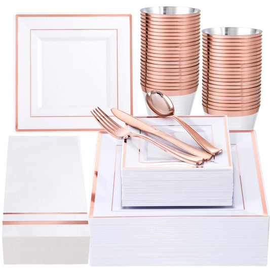 Festiva 350Pcs Rose Gold Plates and Napkins Party Supplies-Square White and Rose Gold Disposable Dinnerware include Plates Cups Cutlery Napkins for 50 Guests Wedding &Party&Mother's Day