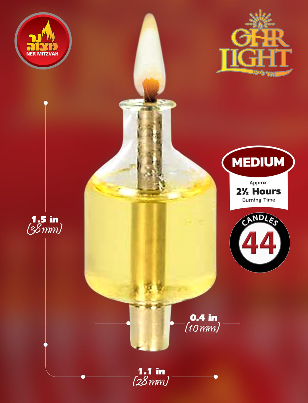 Ner Mitzvah Pre - Filled Menorah Oil Cup Candles, Hanukkah Ohr Lights, 100% Olive Oil with Cotton Wick in Glass Cup - Medium (Pack of 44) Burns Approx. 2 1/2 Hrs