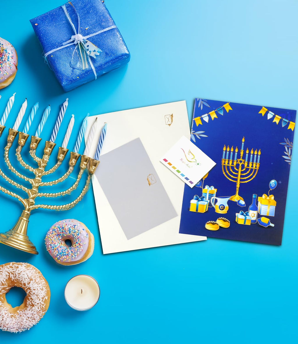 3D Pop Up Hanukkah Greeting Card – Festival of Lights with Candles, Dreidels and Traditional Hanukkah Symbols – Jewish Holiday Card for Family, Friends & Loved Ones, Includes Envelope and Blank Note