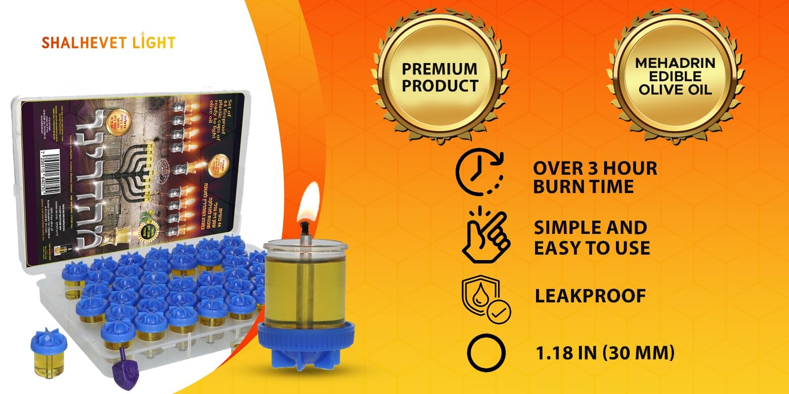 SHALHEVET LIGHT Vehaer 44 Prefilled Cups, Hanukkah, Chanukah Olive Oil, Ready to Use, Fits Most Menorah (Liquid Oil Large)