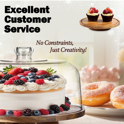 10" Rotating Cake Stand with Acrylic Dome Lid - 360 Degree Acacia Wood Spinning Cake Turntable for Decorating and Serving, Durable Shatterproof Cover, Elegant Display Platter