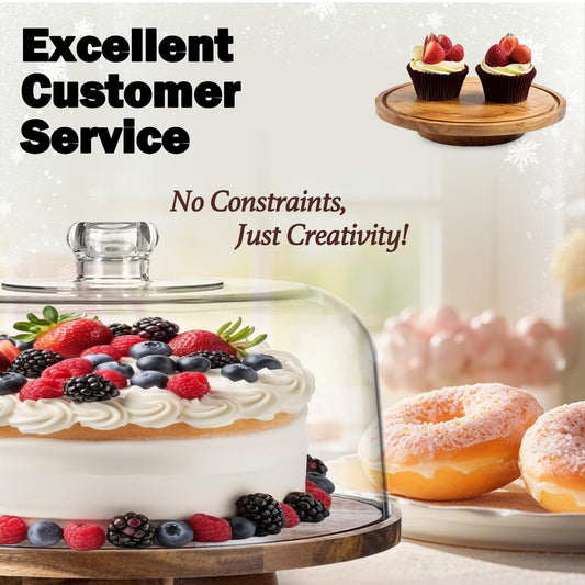 10" Rotating Cake Stand with Acrylic Dome Lid - 360 Degree Acacia Wood Spinning Cake Turntable for Decorating and Serving, Durable Shatterproof Cover, Elegant Display Platter