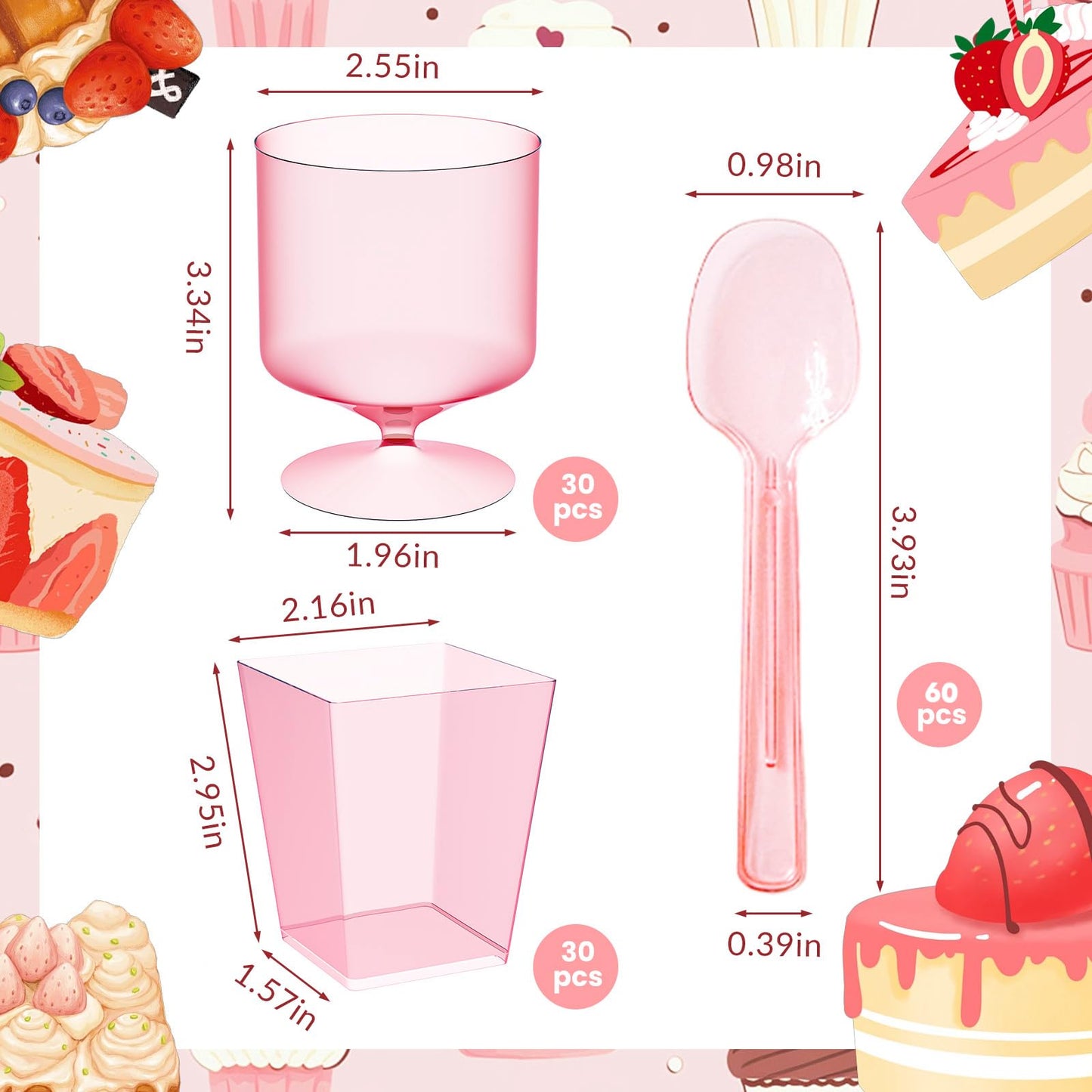 120 Packs Pink Dessert Cup with Spoons 5 Oz Mini Clear Parfait Cups, Square Dessert Shot Glasse, Round Yogurt Cups, Shooters Cups for Party, Reusable Fruit Ice Cream Cake Pudding Cups