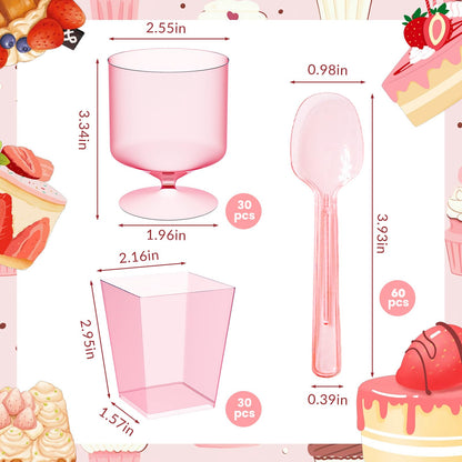 120 Packs Pink Dessert Cup with Spoons 5 Oz Mini Clear Parfait Cups, Square Dessert Shot Glasse, Round Yogurt Cups, Shooters Cups for Party, Reusable Fruit Ice Cream Cake Pudding Cups