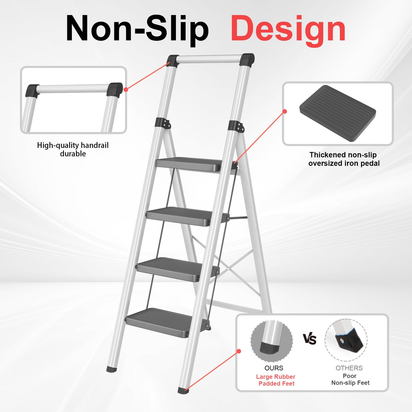 4 Step Ladder, DIAMONDFORGE Folding Step Stool with Wide Anti-Slip Pedal, Anti-Slip Feet and Handgrip, Sturdiest Steel Construction, Steel Ladder for Home, Black Grey