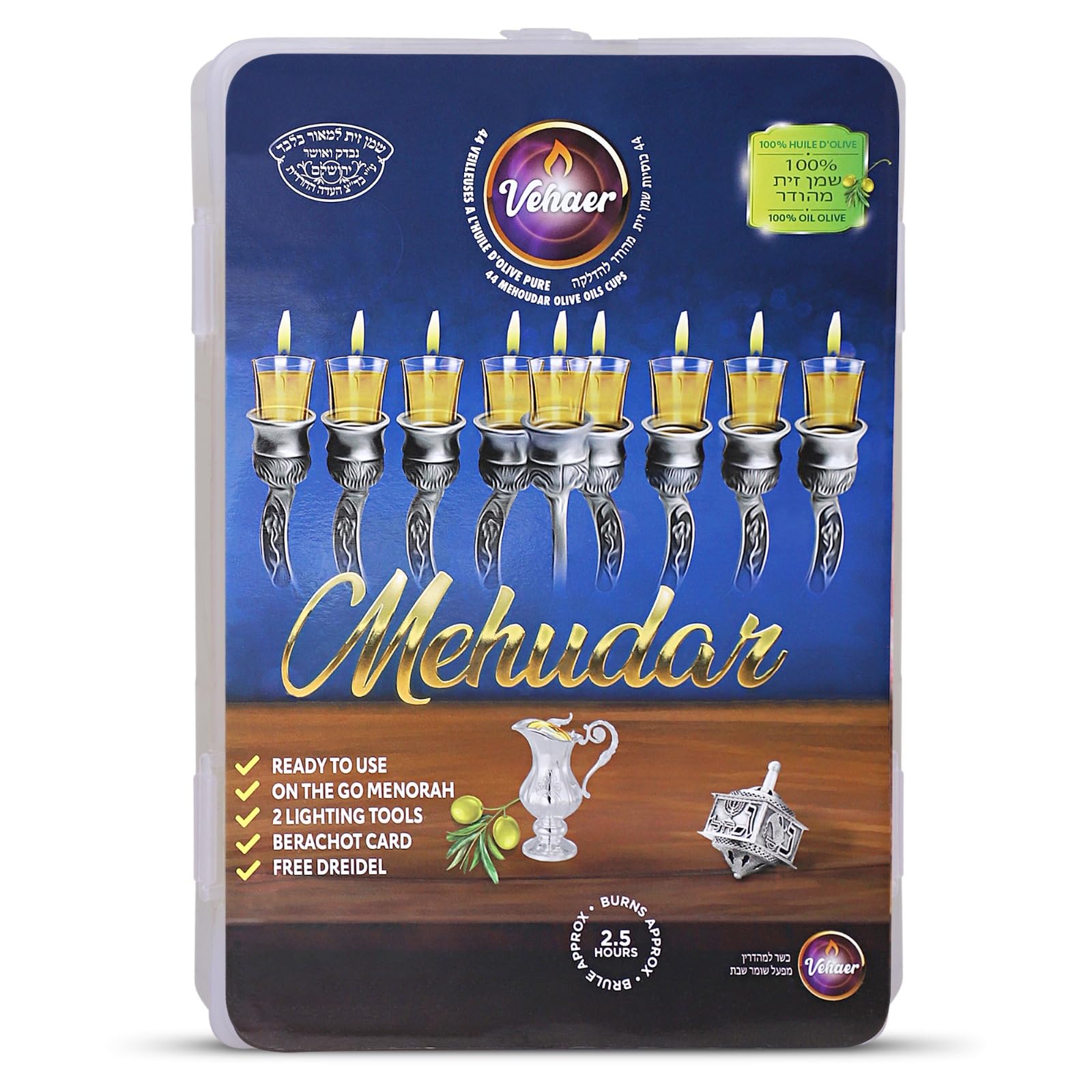 Vehaer 44 Prefilled Cups, 2.5 Hour Burn, Hanukkah, Chanukah Olive Oil, Ready to Use, Fits Most Menorah (Liquid Oil Medium)