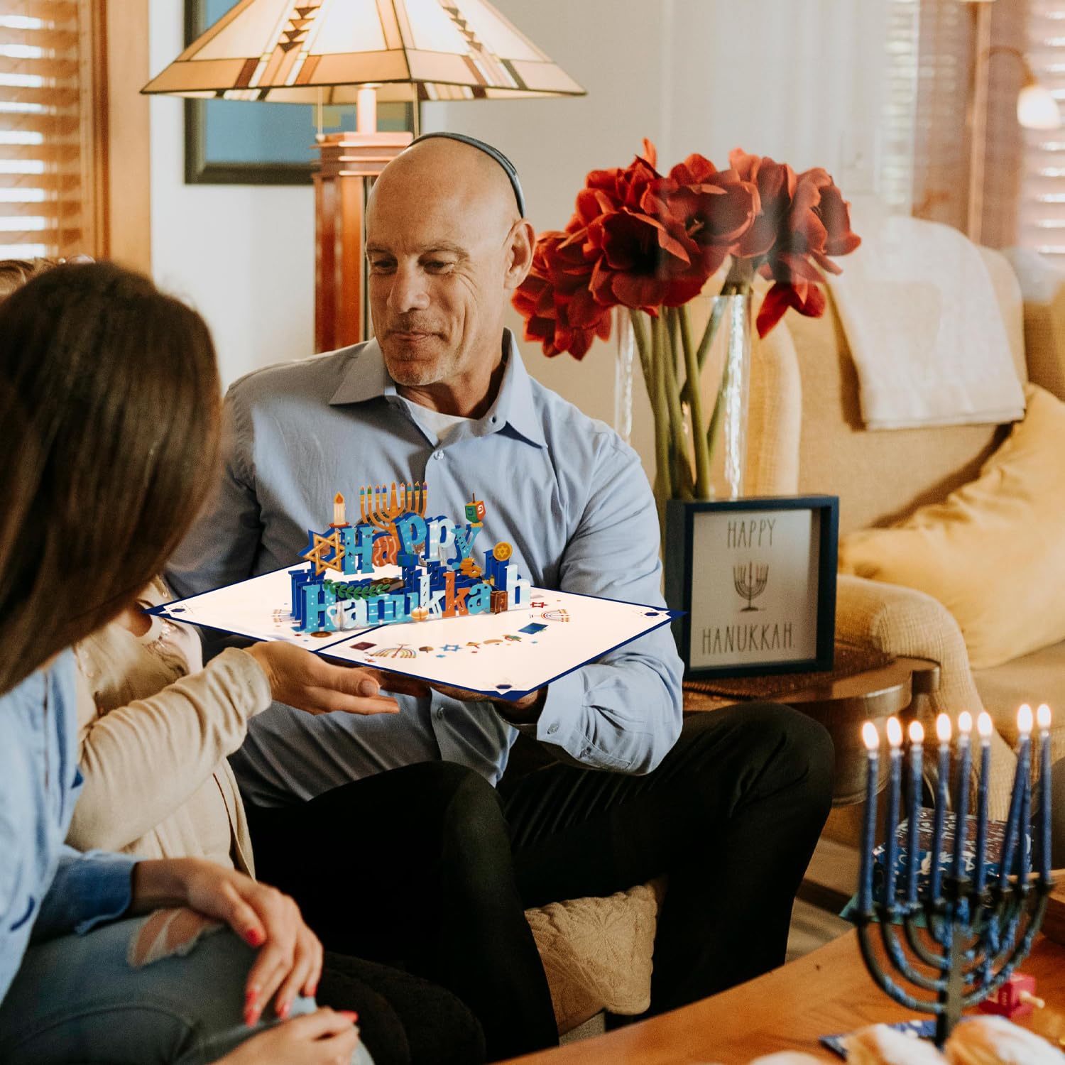 Magic Ants 3D Pop-Up Hanukkah Card – Happy Hanukkah Greeting Card with Menorah, Dreidels, Color Candle and Star of David – Unique Festival of Lights Card for Jewish Holidays with Envelope