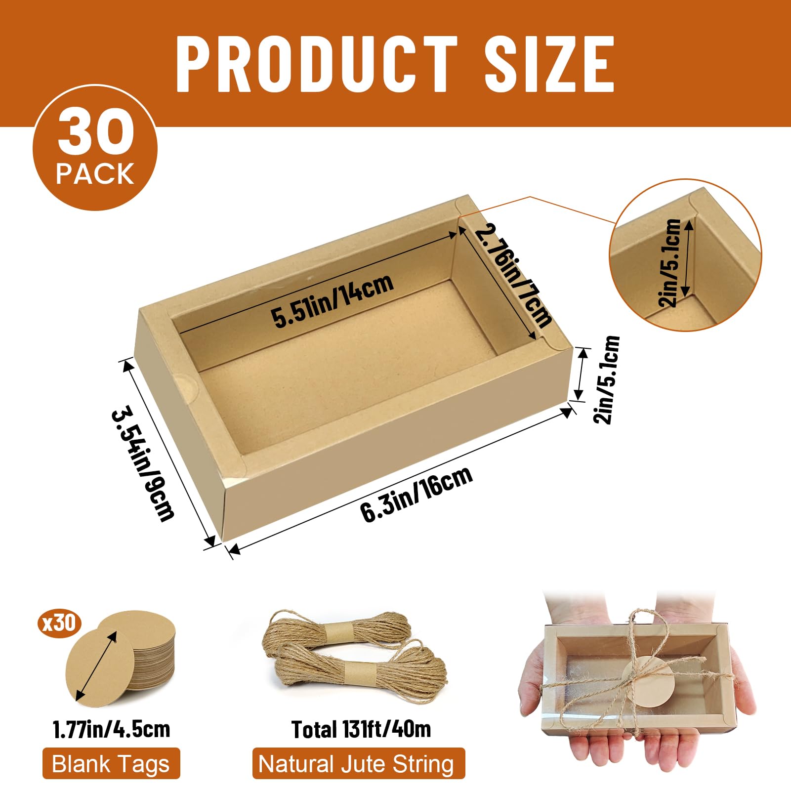 30 Sets Kraft Gift Boxes Rectangle Kraft Paper Drawer Box with Window 6.3 x 3.54 x 1.97 inches