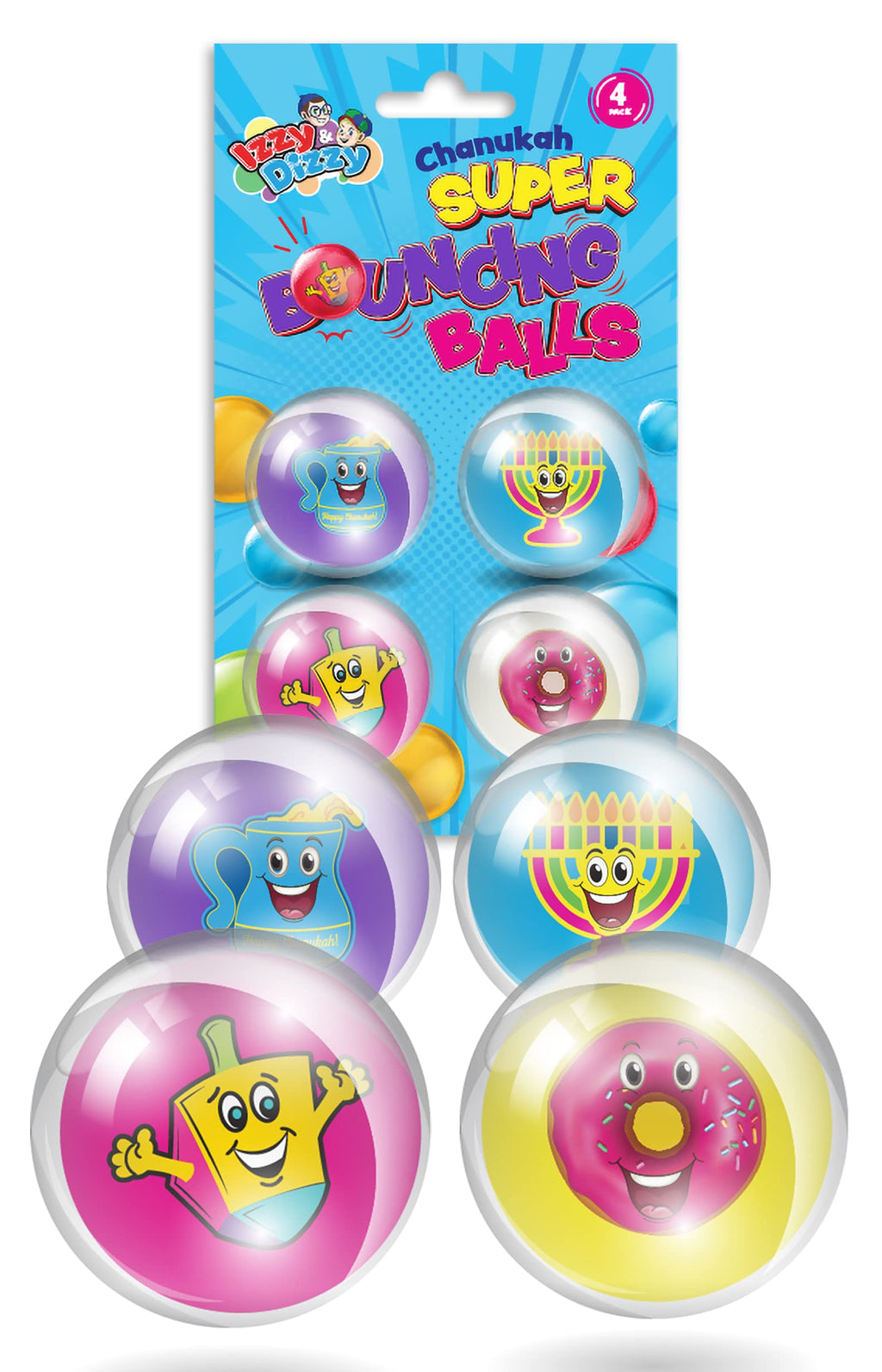 Izzy 'n' Dizzy Hanukkah Bouncing Balls for Kids - 1" Super Bouncy Balls - 4 Pack Chanukah Menorah, Dreidel and Donut Design Bouncing Ball - Hanukkah Gifts for Kids