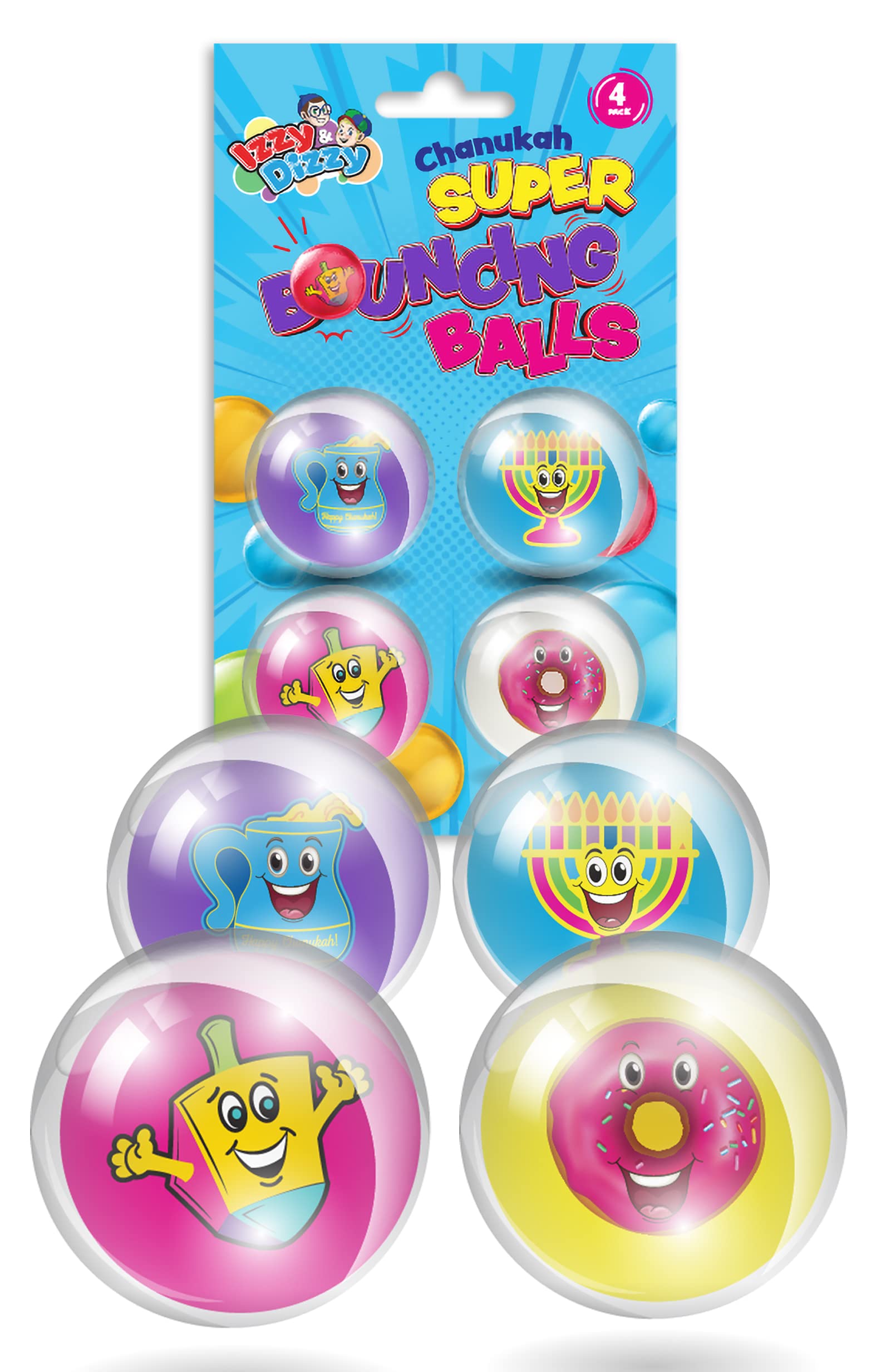 Izzy 'n' Dizzy Hanukkah Bouncing Balls for Kids - 1" Super Bouncy Balls - 4 Pack Chanukah Menorah, Dreidel and Donut Design Bouncing Ball - Hanukkah Gifts for Kids
