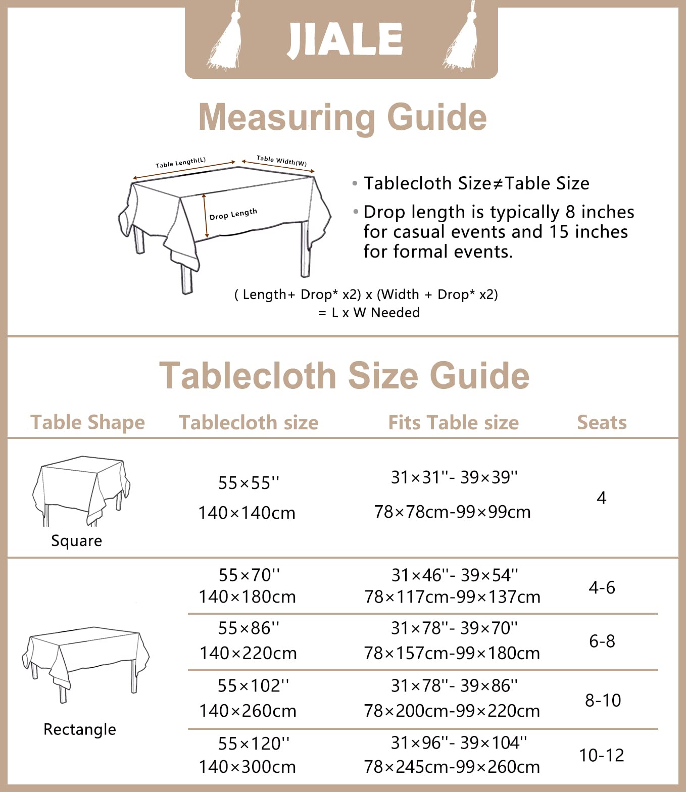 JIALE Tablecloths for Rectangle Tables, Cotton Linen Table Cloth Waterproof Tablecloth Wrinkle Free Farmhouse Dining Tables Cover, Soft Fabric Table Cloths with Tassels, Brown, 55" X 70", 4-6 Seats