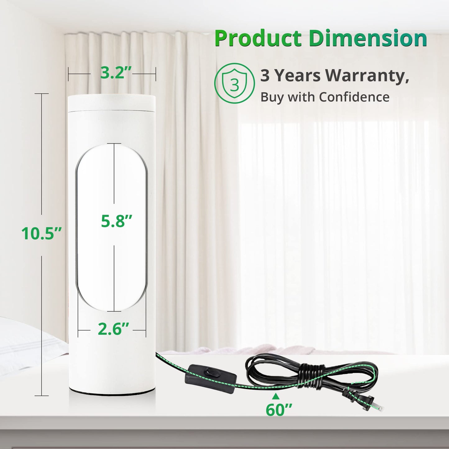 LEDIARY Kosher Lamp for Shabbos, White Table Lamps and Nightlight for Living Room Bedroom，T10 Bulb Included (4W Eqv 40W, 400LM, 3000K)