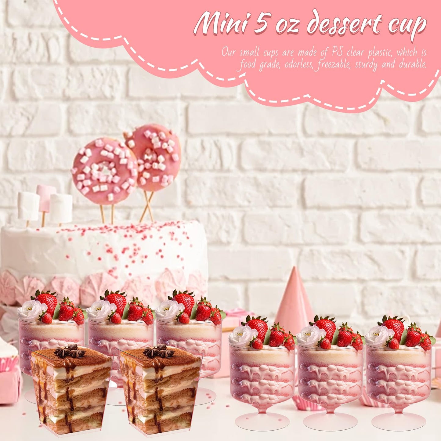 120 Packs Pink Dessert Cup with Spoons 5 Oz Mini Clear Parfait Cups, Square Dessert Shot Glasse, Round Yogurt Cups, Shooters Cups for Party, Reusable Fruit Ice Cream Cake Pudding Cups