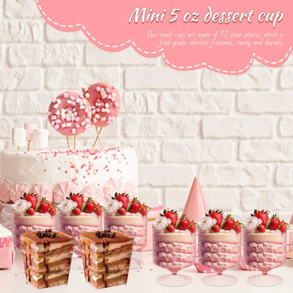 120 Packs Pink Dessert Cup with Spoons 5 Oz Mini Clear Parfait Cups, Square Dessert Shot Glasse, Round Yogurt Cups, Shooters Cups for Party, Reusable Fruit Ice Cream Cake Pudding Cups