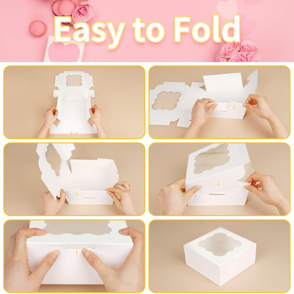 12 Pieces Cookie Boxes with Window, 6×6×3 Inches (White, with Stickers)