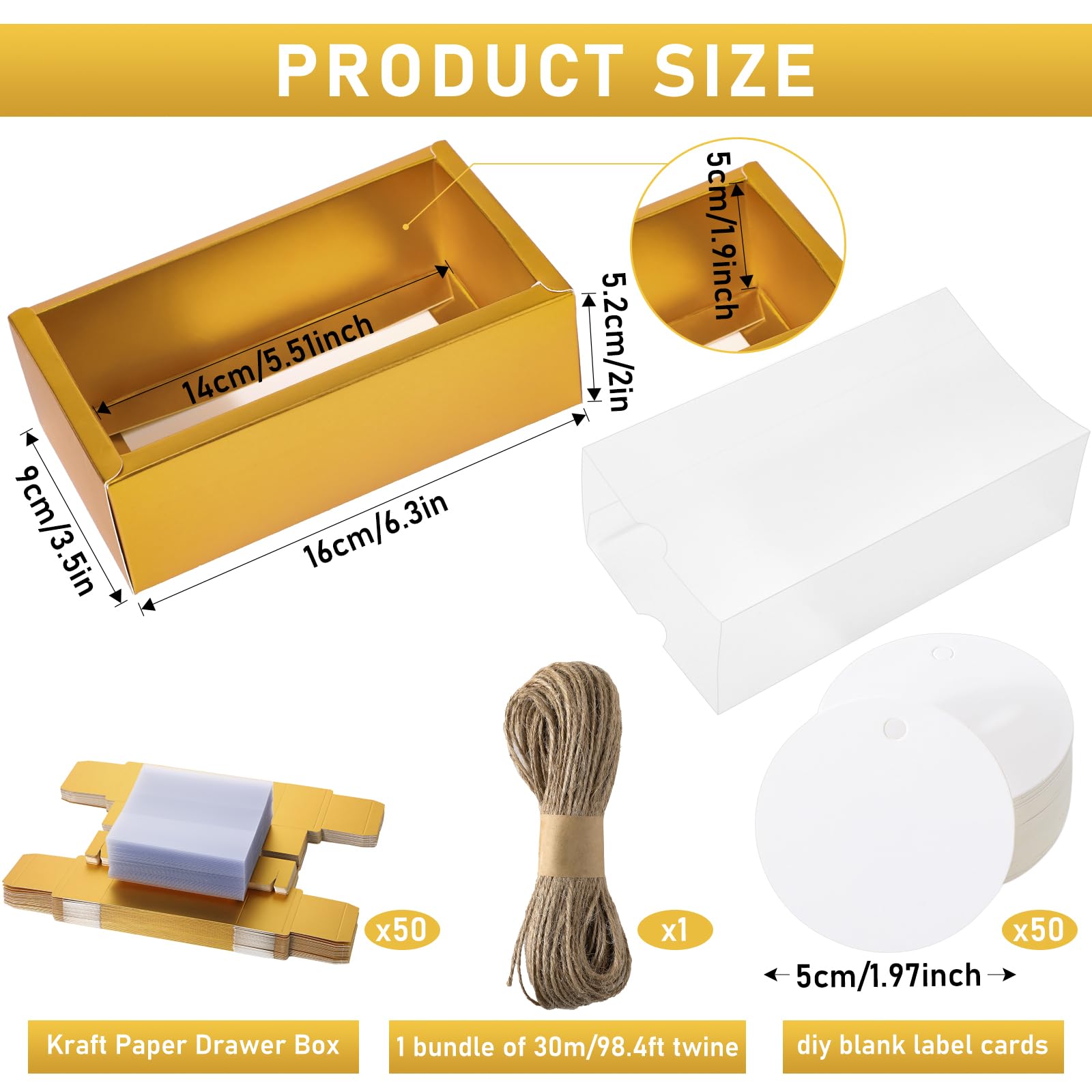 50 Sets Kraft Homemade Gift Box Bundle with Blank Tags and Jute String (6.3 x 3.5 x 2 Inch, Gold)