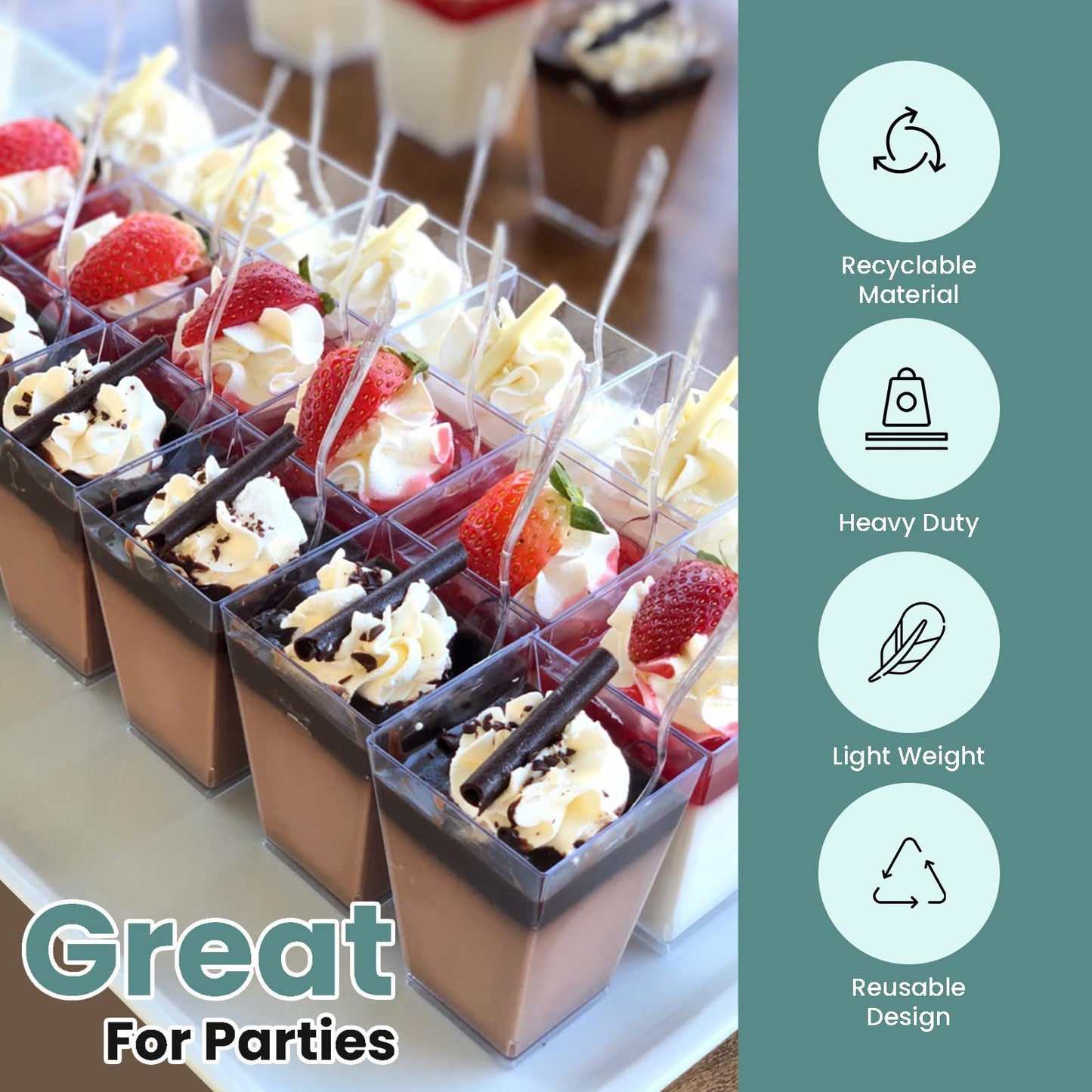 50 Pack 5 oz Mini Dessert Cups with Lids & Spoons – Reusable Parfait & Appetizer Cups, Clear Shooter Bowls – Ideal for Baby Shower, Small Parties, Tasting, Mousse, Pudding – BPA-Free & Recyclable
