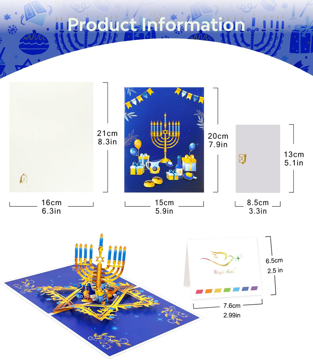 3D Pop Up Hanukkah Greeting Card – Festival of Lights with Candles, Dreidels and Traditional Hanukkah Symbols – Jewish Holiday Card for Family, Friends & Loved Ones, Includes Envelope and Blank Note