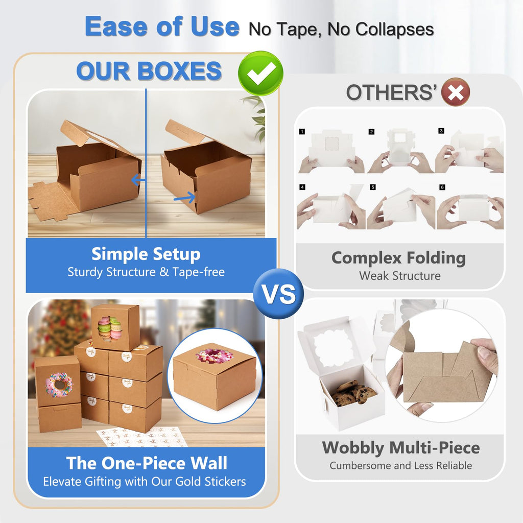 50 Pcs Brown - Bakery Treat Boxes with Window 4x4x2.5