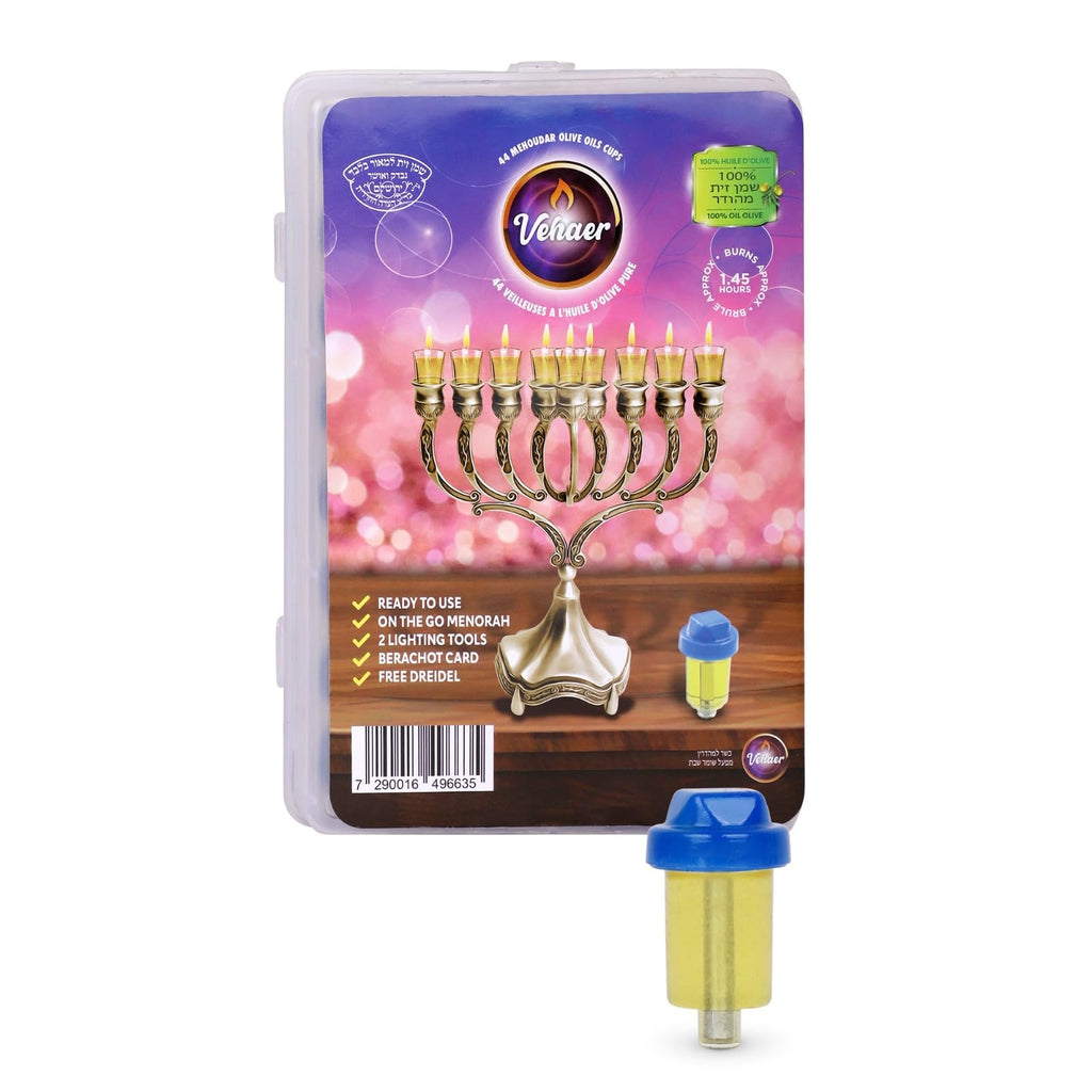 Vehaer 44 Prefilled Cups, 1.45 Burn, Hanukkah, Chanukah Oil, Olive Oil Ready to Use, Fits Most Menorah, FIts Candle Menorahs (Liquid Oil Small)