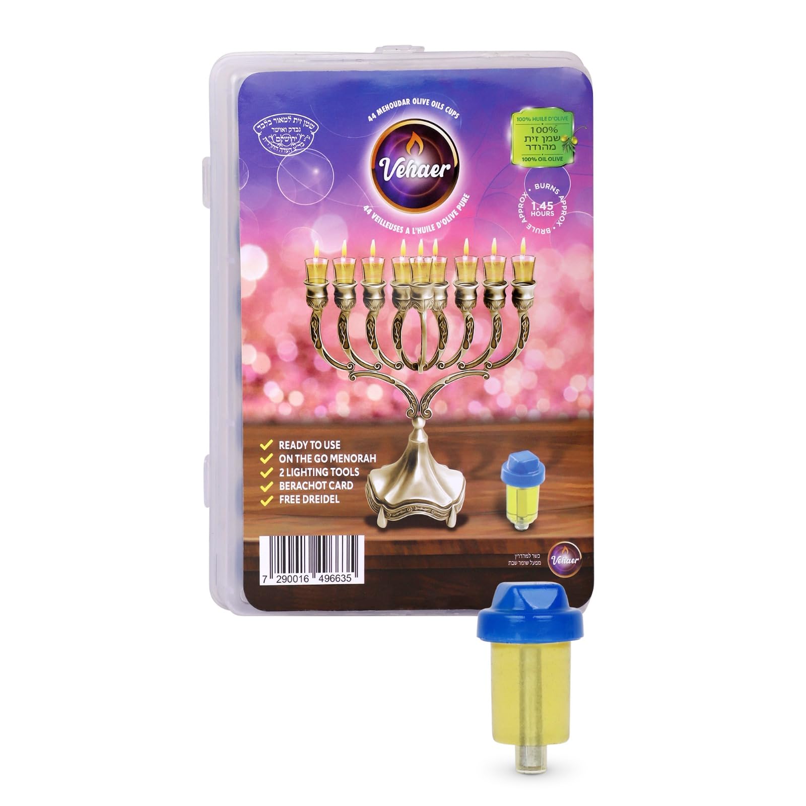 Vehaer 44 Prefilled Cups, 1.45 Burn, Hanukkah, Chanukah Oil, Olive Oil Ready to Use, Fits Most Menorah, FIts Candle Menorahs (Liquid Oil Small)