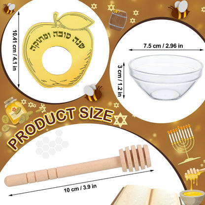 Newtay 6 Sets Rosh Hashanah Apple Shaped Honey Dish with Dipping Spoon Jewish New Year Decoration Honey Dish with Stick, Acrylic Apple Honey Dish for Jewish New Year Holiday Gift Party Favor(Gold)
