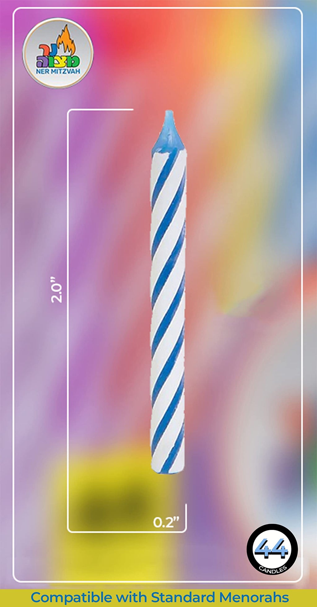 Ner Mitzvah Mini Hanukkah / Birthday Candles (Pack of 44) - Multicolor