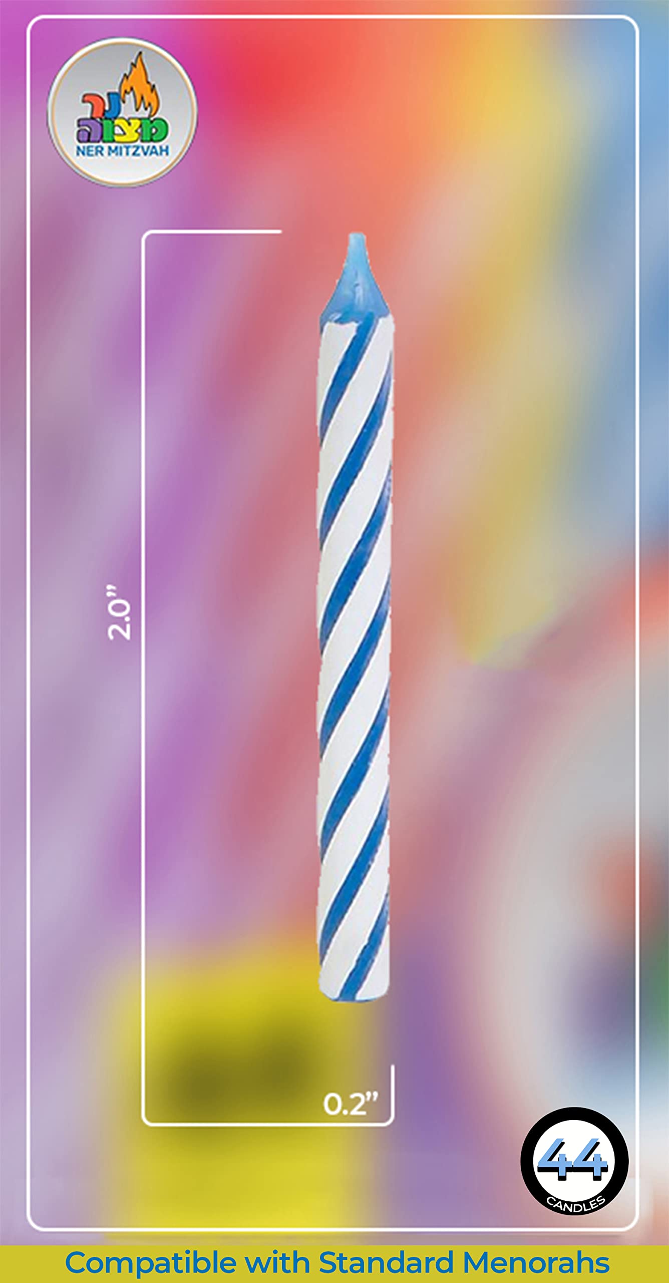 Ner Mitzvah Mini Hanukkah / Birthday Candles (Pack of 44) - Multicolor