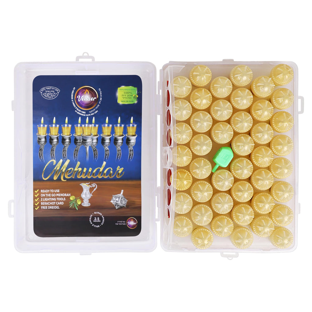 Vehaer 44 Prefilled Cups, 2.5 Hour Burn, Hanukkah, Chanukah Olive Oil, Ready to Use, Fits Most Menorah (Liquid Oil Medium)