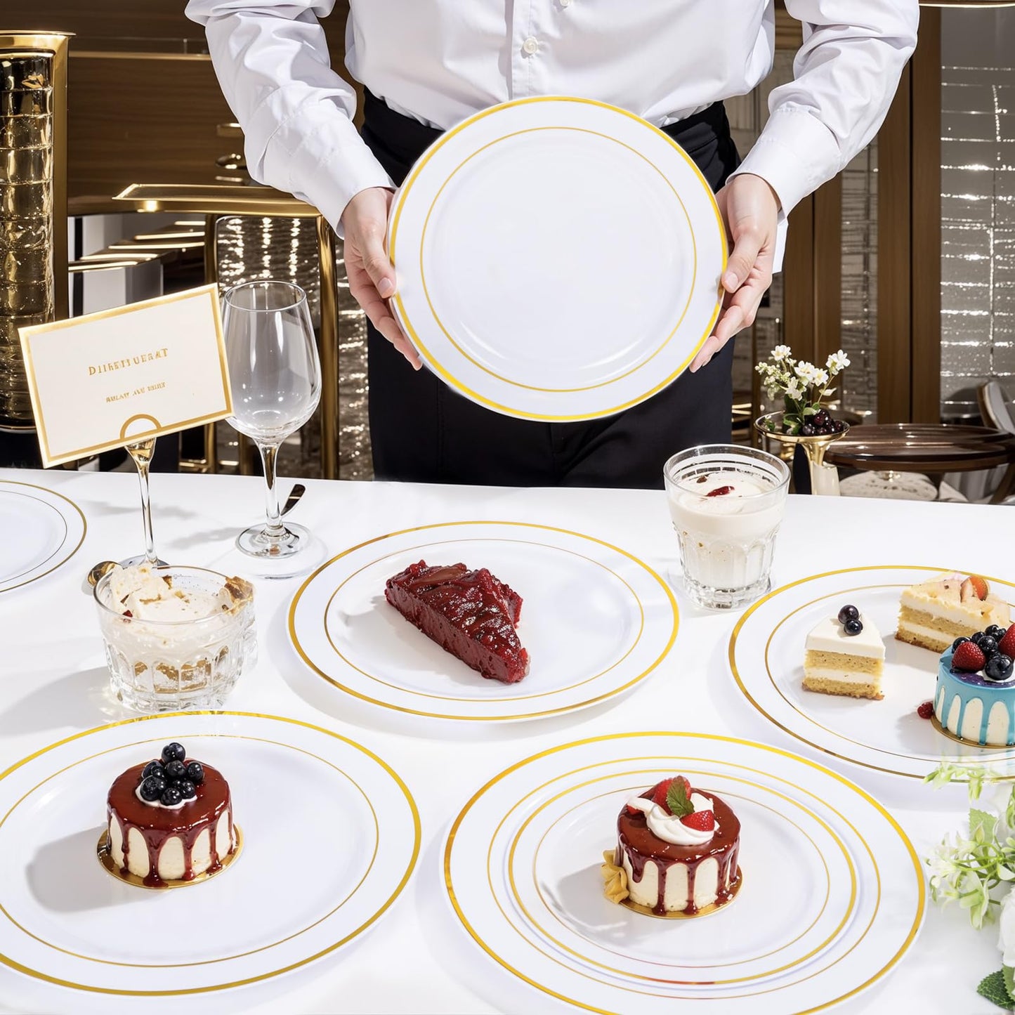 350 Pieces White and Gold Plastic Plates - 50 Guest Dinnerware Set Include 100 Plates, 50 Gold Plastic Silverware, 50 Paper Napkins and 50 Cups for Thanksgiving Party,Wedding