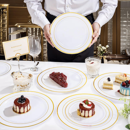 350 Pieces White and Gold Plastic Plates - 50 Guest Dinnerware Set Include 100 Plates, 50 Gold Plastic Silverware, 50 Paper Napkins and 50 Cups for Thanksgiving Party,Wedding
