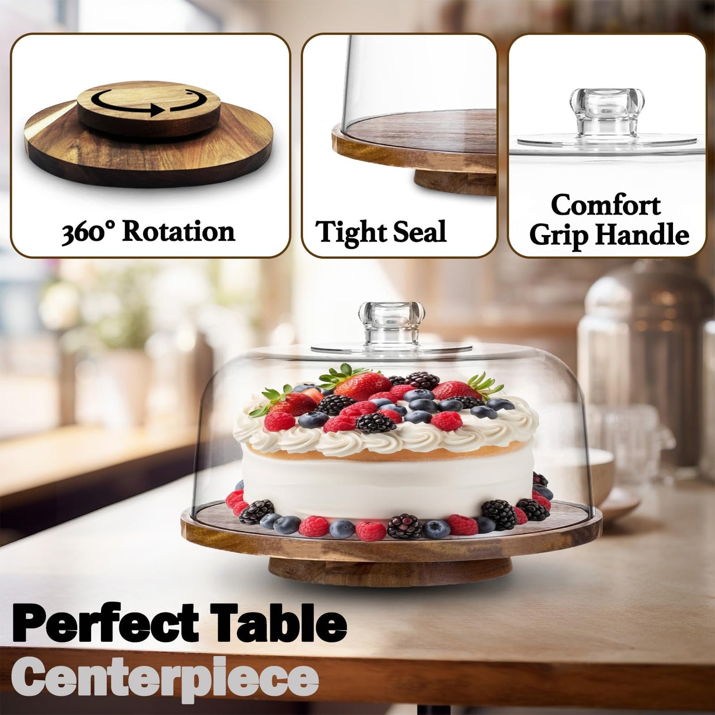 10" Rotating Cake Stand with Acrylic Dome Lid - 360 Degree Acacia Wood Spinning Cake Turntable for Decorating and Serving, Durable Shatterproof Cover, Elegant Display Platter