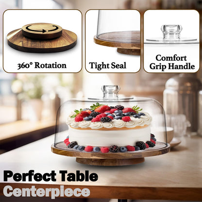 10" Rotating Cake Stand with Acrylic Dome Lid - 360 Degree Acacia Wood Spinning Cake Turntable for Decorating and Serving, Durable Shatterproof Cover, Elegant Display Platter