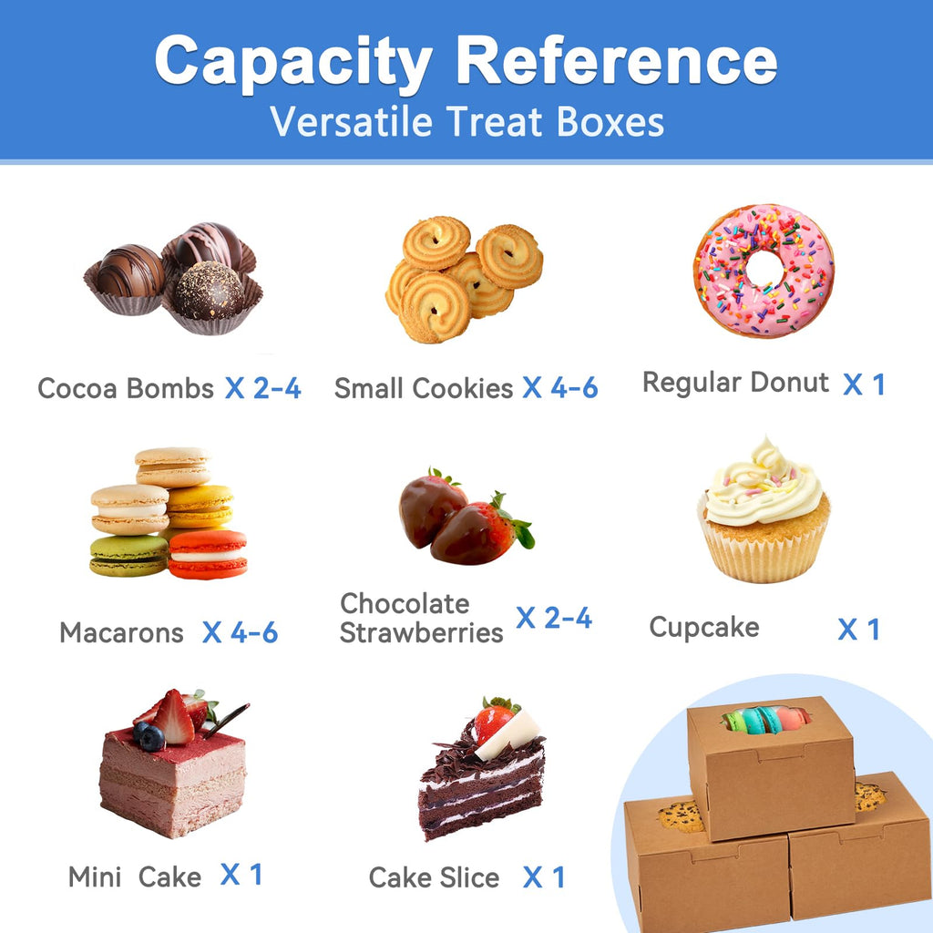 50 Pcs Brown - Bakery Treat Boxes with Window 4x4x2.5