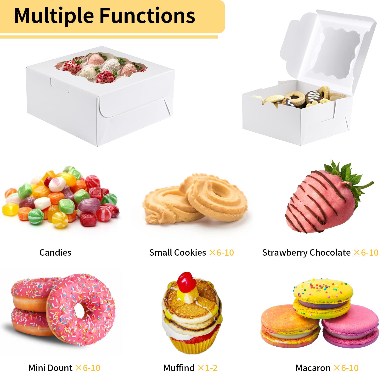 12 Pieces Cookie Boxes with Window, 6×6×3 Inches (White, with Stickers)