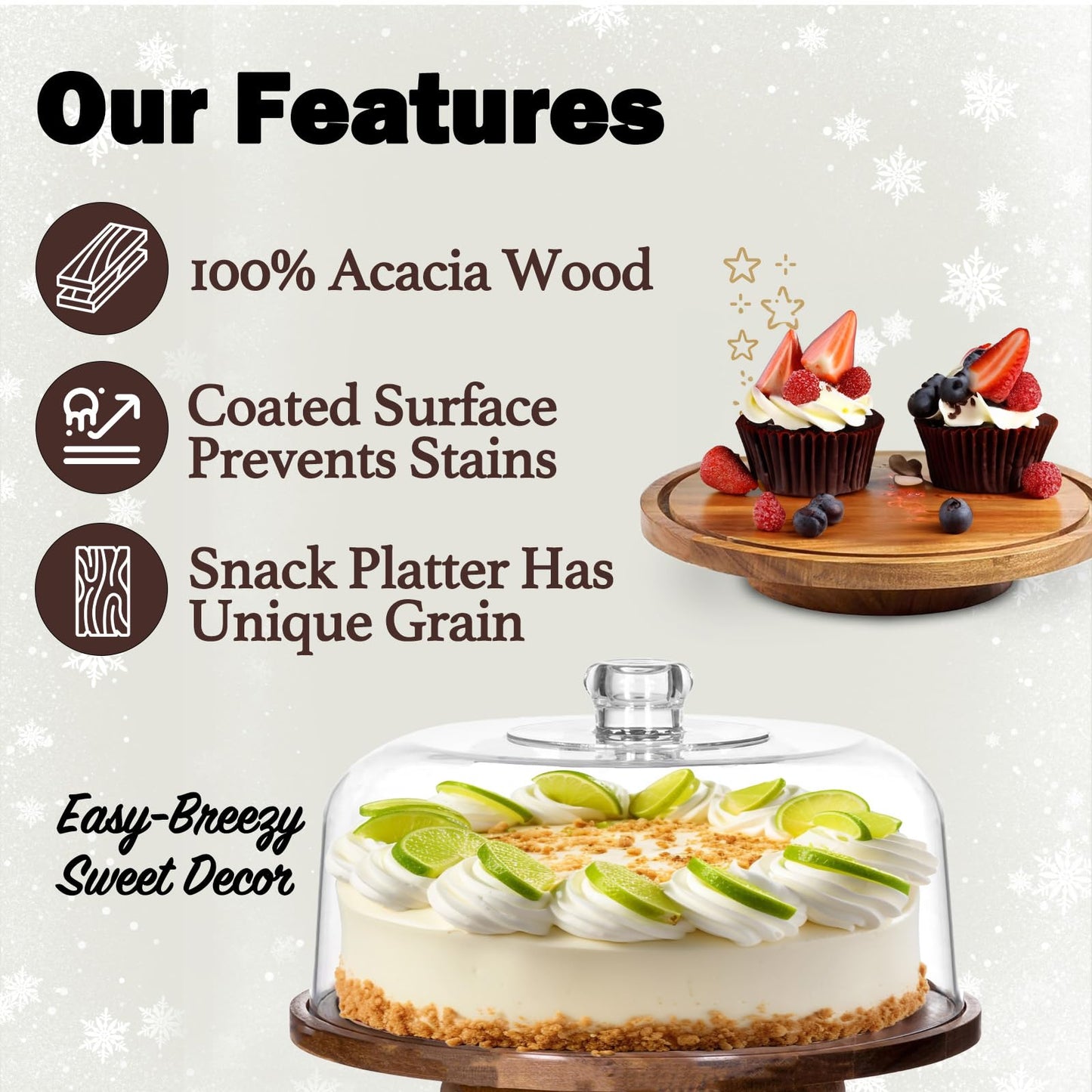 10" Rotating Cake Stand with Acrylic Dome Lid - 360 Degree Acacia Wood Spinning Cake Turntable for Decorating and Serving, Durable Shatterproof Cover, Elegant Display Platter