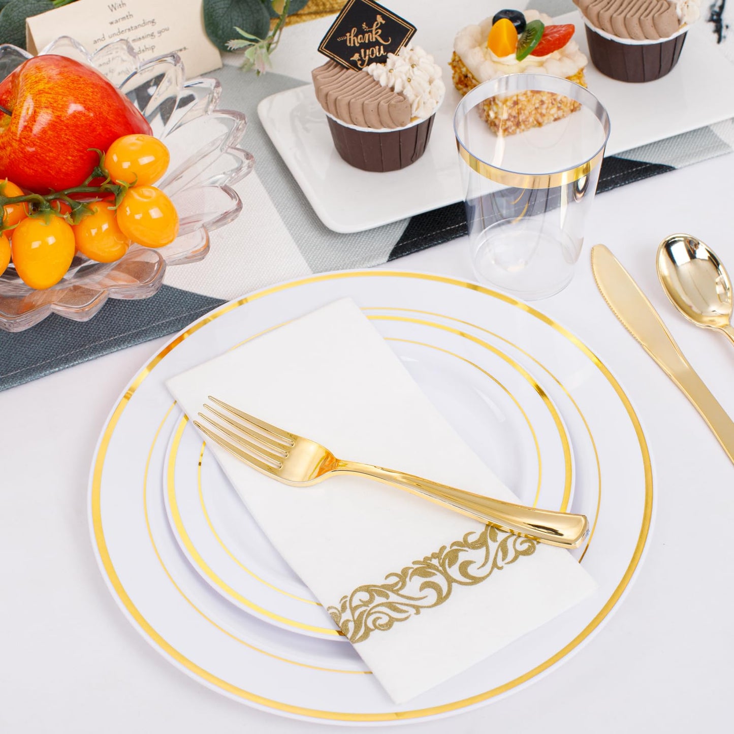 350 Pieces White and Gold Plastic Plates - 50 Guest Dinnerware Set Include 100 Plates, 50 Gold Plastic Silverware, 50 Paper Napkins and 50 Cups for Thanksgiving Party,Wedding