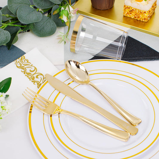 350 Pieces White and Gold Plastic Plates - 50 Guest Dinnerware Set Include 100 Plates, 50 Gold Plastic Silverware, 50 Paper Napkins and 50 Cups for Thanksgiving Party,Wedding