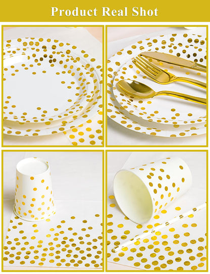 Nkaiso 141 Pieces White Gold Party Supplies, Party Dinnerware Sets Include Paper Plates Napkins Cups Silverware, for Wedding Bridal Shower Engagement Birthday Parties Decoration -20 Serves