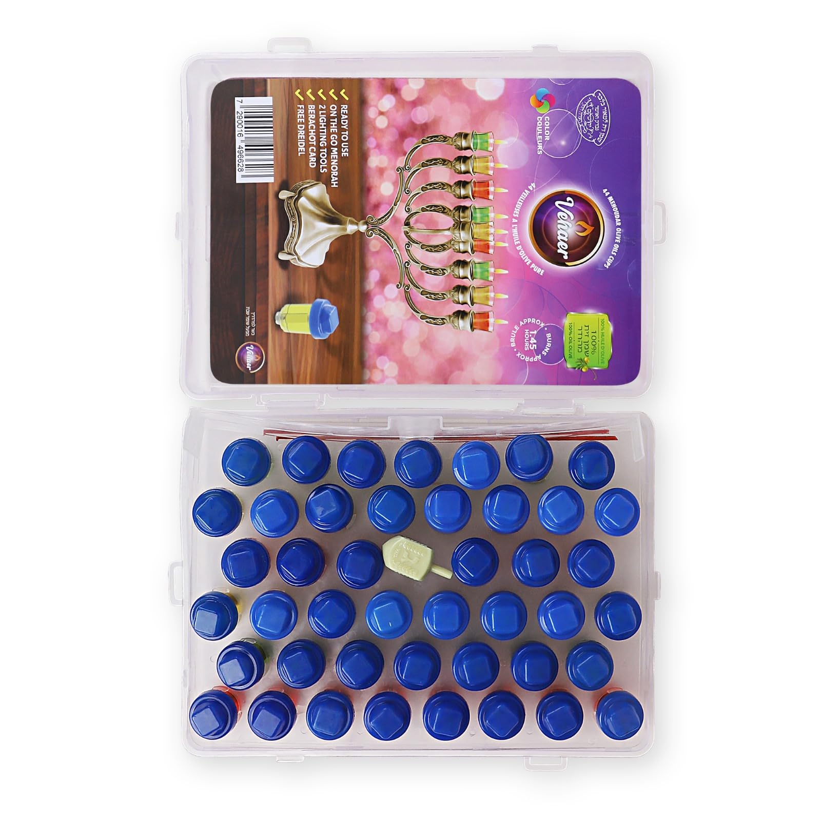 Vehaer 44 Prefilled Color Cups, 1.45 Burn Time, Hanukkah, Chanukah Oil, Ready to Use, Fits Most Menorah, Fits Candle Menorahs (Color Liquid Oil Small)
