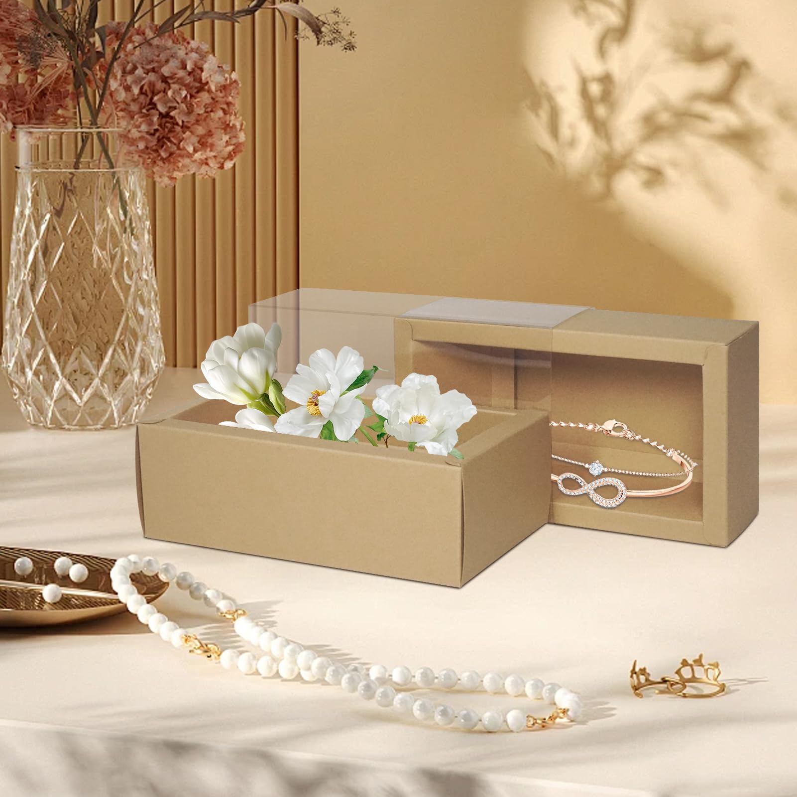 30 Sets Kraft Gift Boxes Rectangle Kraft Paper Drawer Box with Window 6.3 x 3.54 x 1.97 inches