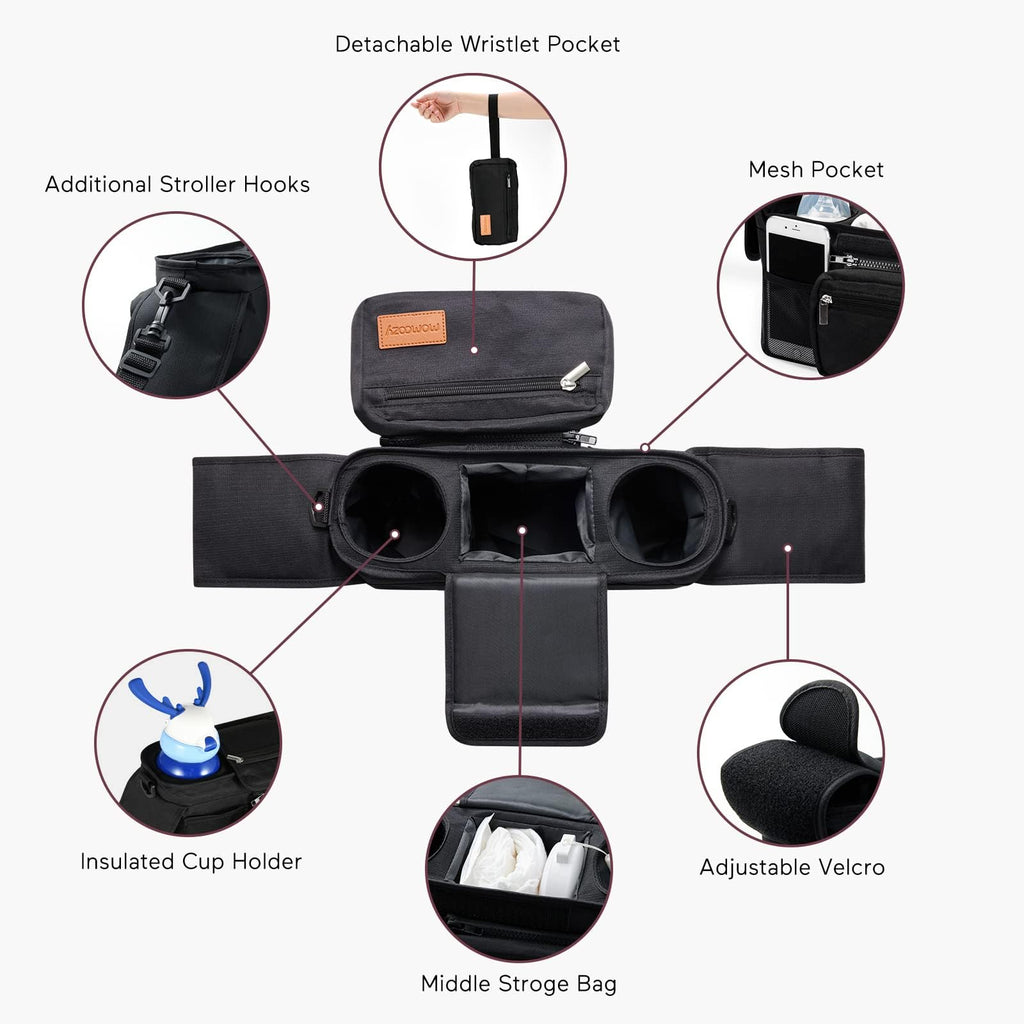 Momcozy Universal Stroller Organizer with Insulated Cup Holder Detachable Phone Bag & Shoulder Strap,