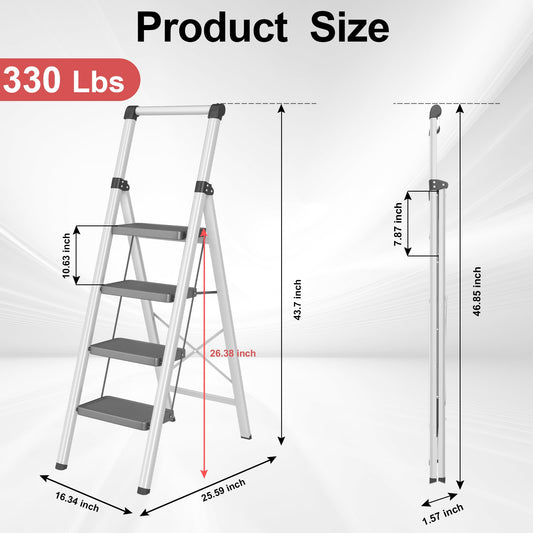 4 Step Ladder, DIAMONDFORGE Folding Step Stool with Wide Anti-Slip Pedal, Anti-Slip Feet and Handgrip, Sturdiest Steel Construction, Steel Ladder for Home, Black Grey