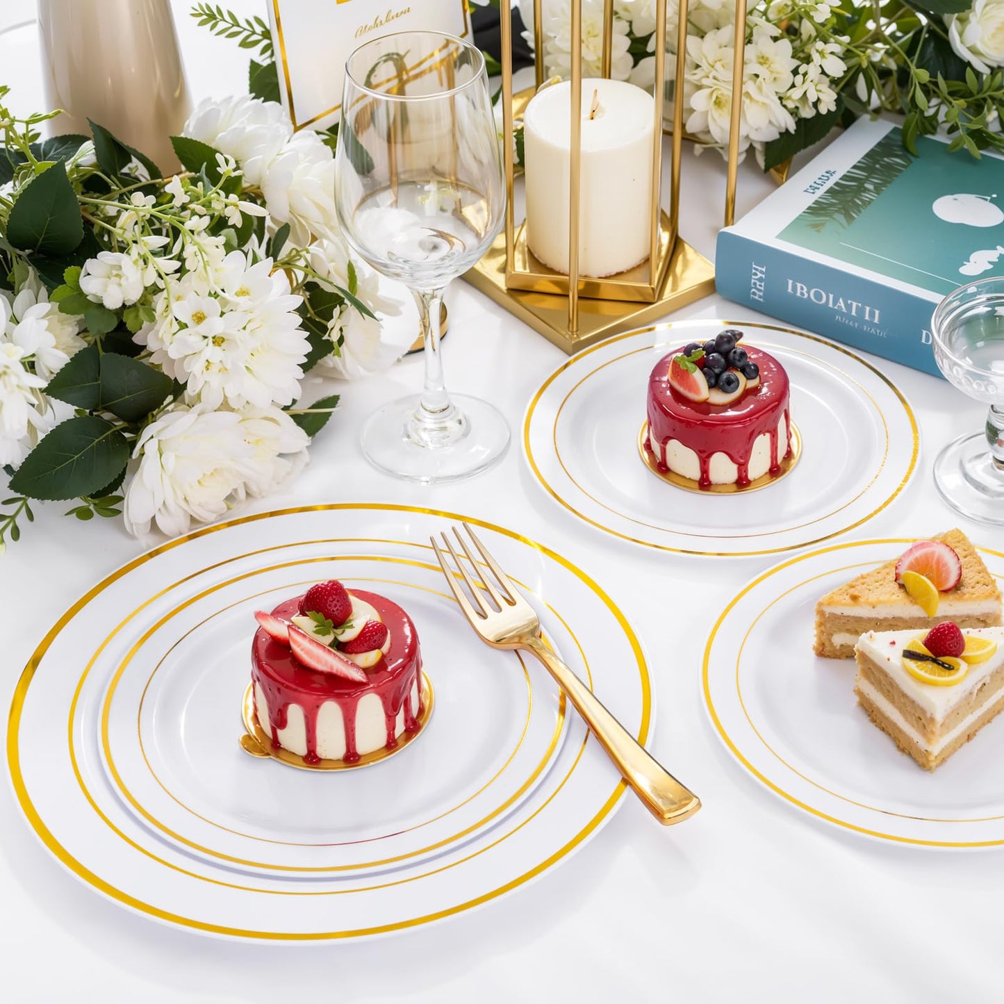 350 Pieces White and Gold Plastic Plates - 50 Guest Dinnerware Set Include 100 Plates, 50 Gold Plastic Silverware, 50 Paper Napkins and 50 Cups for Thanksgiving Party,Wedding