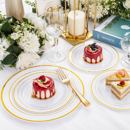 350 Pieces White and Gold Plastic Plates - 50 Guest Dinnerware Set Include 100 Plates, 50 Gold Plastic Silverware, 50 Paper Napkins and 50 Cups for Thanksgiving Party,Wedding